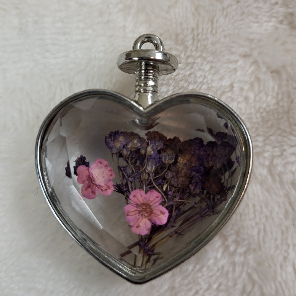 Purple & Silver Glass Pressed Flower Pendant